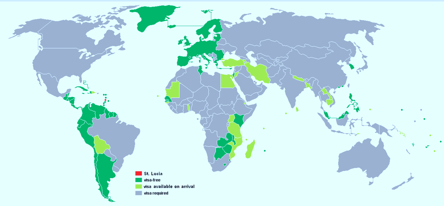 St Lucia passport - Visa free travel countries map