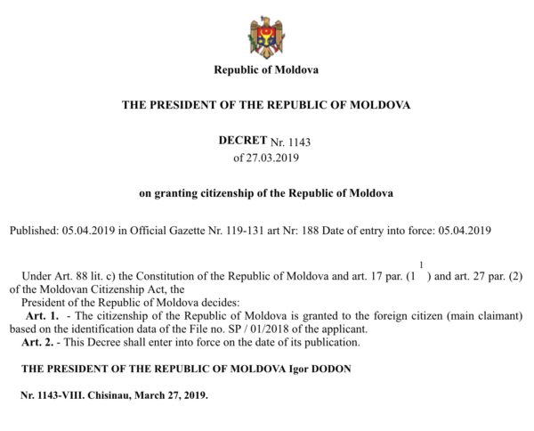 Moldova decree published in gazette